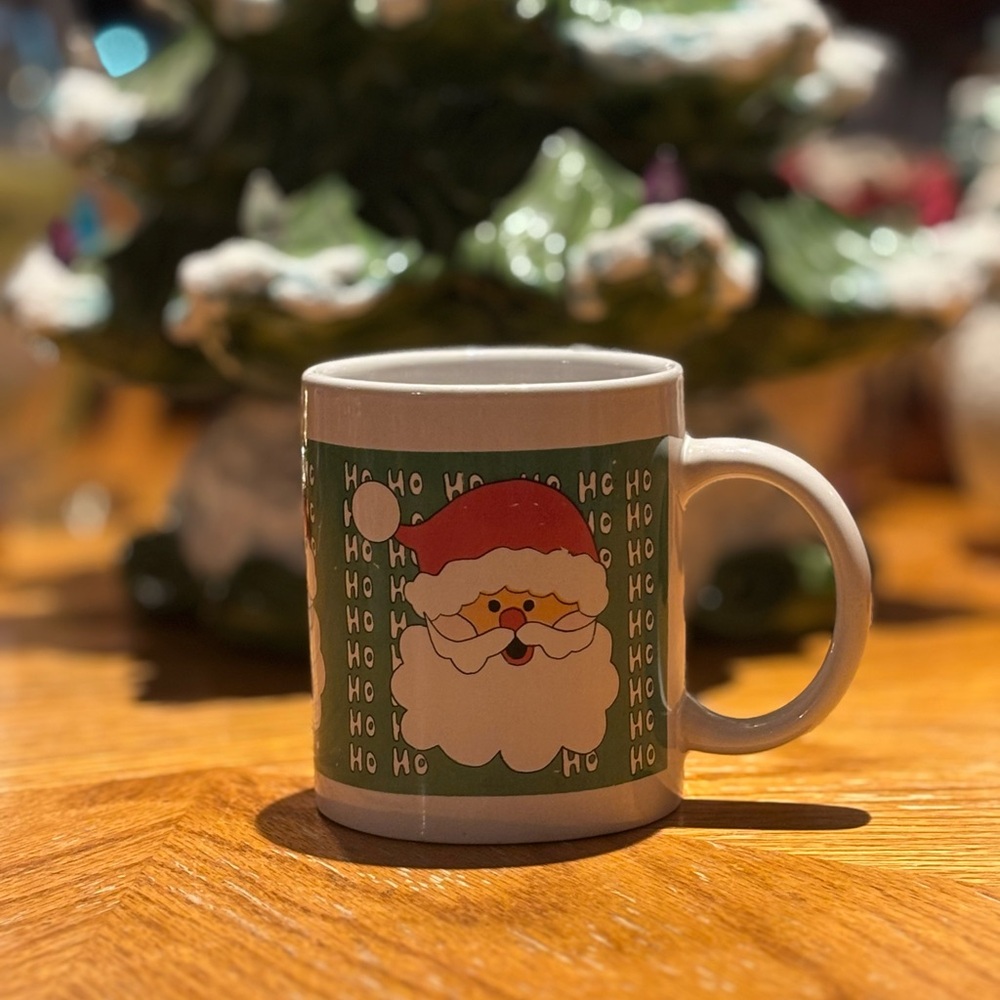 Vintage Santa Claus Christmas Mug Featuring Santa’s Face White Green Ho Ho Ho